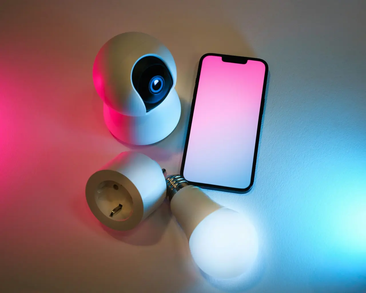 Real smart-home camera, plug, light bulb and phone