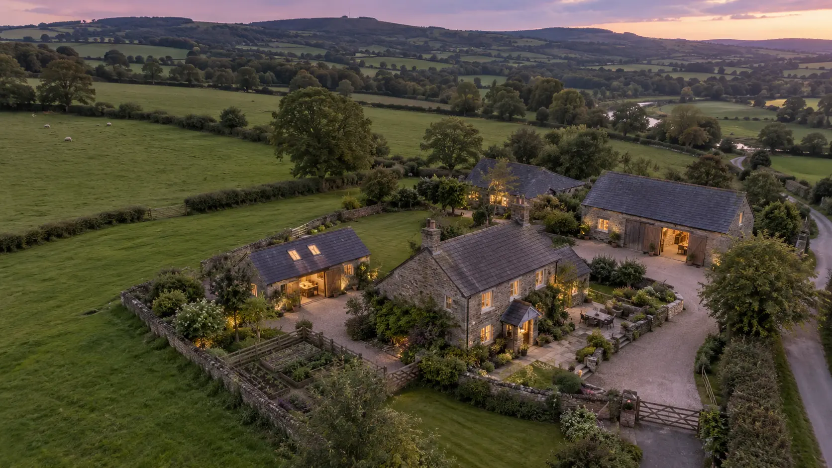 Illustrative rural property with a farmhouse, workshop and outbuildings